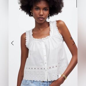 Madewell Embroidered Ruffle-Trim Top size Medium in White